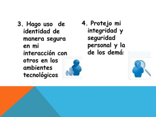 3. Hago uso de
identidad de
manera segura
en mi
interacción con
otros en los
ambientes
tecnológicos
4. Protejo mi
integridad y
seguridad
personal y la
de los demás