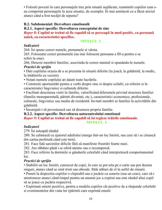 • Folositi povesti în care personajele trec prin situatii neplãcute, reamintiti copiilor cum s-au 
comportat personajele în acea situatie, de exemplu: Îti mai amintesti ce a fãcut ariciul 
atunci când a fost necãjit de iepuras? 
61-84 
B.2. Subdomeniul: Dezvoltare emotionalã 
B.2.1. Aspect specific: Dezvoltarea conceptului de sine 
Reper 8: Copilul ar trebui sã fie capabil sã se perceapã în mod pozitiv, ca persoanã 
unicã, cu caracteristici specifice. 
NIVELUL I 
Indicatori 
264. Îsi spune corect numele, prenumele si vârsta. 
265. Foloseæte corect pronumele (nu mai foloseste persoana a III-a pentru a se 
referi la sine). 
266. Descrie membrii familiei, asociindu-le corect statutul si spunându-le numele. 
Practici de sprijin 
• Dati copilului ocazia de a se prezenta în situatii diferite (la joacã, la grãdinitã, la medic, 
la întâlnirile cu vecinii). 
• Notati numele copilului æi datati toate lucrãrile. 
• Construiti oportunitãti pentru a vorbi despre sine si despre ceilalti, cu referire si la 
caracteristici lingvistice si culturale diferite. 
• Facilitati descrierea vietii în familie, valorificând diferentele privind structura familiei 
(familie monoparentalã, pãrinti divortati, etc.), caracteristici economice, profesionale, 
culturale, lingvistice sau mediu de rezidentã. Invitati membri ai familiei în activitãtile din 
grãdinitã. 
• Încurajati-i sã povesteascã sau sã deseneze propria familie. 
B.2.2. Aspect specific: Dezvoltarea autocontrolului emotional 
Reper 9: Copilul ar trebui sã fie capabil sã îsi regleze trãirile emotionale.- 
18 luni NIVELUL I 
Indicatori 
279. Îsi asteaptã rândul. 
280. Se calmeazã cu ajutorul adultului (merge într-un loc linistit, sau cere sã i se citeascã 
din cartea preferatã când este trist). 
281. Face fatã sarcinilor dificile fãrã sã manifeste frustrãri foarte mari. 
282. Are rãbdare pânã i se oferã atentie sau o recompensã. 
283. Face referire la dorintele si gândurile celorlalti când interpreteazã comportamentul 
lor. 
Practici de sprijin 
• Stabiliti un loc linistit, cunoscut de copii, în care se pot uita pe o carte sau pot desena 
singuri, atunci când se simt tristi sau obosiåi. Sttåi alãturi de el în astfel de situatii. 
• Puneti la dispozitia copiilor o clepsidrã sau o jucãrie cu sonerie (sau un ceas), care sã-i 
atentioneze atunci când timpul pentru un anumit joc a expirat sau este rândul altui copil 
sã se joace cu jucãria respectivã. 
• Exprimati emotii pozitive, pentru a modela copiilor cãi pozitive de a rãspunde celorlalti 
si evenimentelor din viata lor (pãrintii care exprimã emotii 
10 
 
