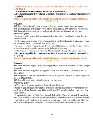 D. DEZVOLTAREA LIMBAJULUI, A COMUNICÃRII SI A PREMISELOR CITIRII 
SI SCRIERII 
D.1. Subdomeniul: Dezvoltarea limbajului si a comunicãrii 
D.1.1. Aspect specific: Dezvoltarea capacitãtii de ascultare si întelegere (comunicare 
receptivã) 
Reper 1: Copilul ar trebui sã fie capabil sã asculte în scopul înåelegerii limbajului. 
NIVELUL I 
Indicatori 
367. Participã la discutiile unui grup ascultând interlocutorii pentru un timp scurt. 
368. Demonstreazã întelegerea vocabularului uzual/de bazã prin adecvarea rãspunsului. 
369. Dobândeste informatii prin ascultare utilizându-le apoi în contexte adecvate. 
Practici de sprijin 
• Încurajati/creati oportunitãti pentru copii sã participe în grupuri la discutii pe diverse 
teme de interes. 
• Cititi povesti unui grup de copii si încurajati-i sã punã întrebãri sau sã vã descrie „cu ce 
era îmbrãcatã fetita”, „ce anume face ursul”, etc. 
• Încurajati copilului sã povesteascã despre activitãtile si experientele lui zilnice; sustineti 
extinderea vorbirii copilului prin adresare de întrebãri deschise. 
• Folositi cuvinte complexe în contexte diferite si explicati copilului sensul acestora. 
D.1.1. Aspect specific: Dezvoltarea capacitãtii de ascultare si întelegere (comunicare 
receptivã) 
Reper 2: Copilul ar trebui sã fie capabil sã înteleagã semnificatia limbajul vorbit. 
NIVELUL I 
Indicatori 
382. Demonstreazã un grad înalt de întelegere si participare în conversatii alãturi de copii 
sau adulti. 
383. Demonstreazã progres în întelegerea si aplicarea unor instructiuni simple din mai 
multe etape. 
384. Rãspunde la întrebãri folosind limbajul verbal, referindu-se atât la contextul prezent 
cât si la alte contexte. 
385. Face diferenta între cuvintele reale si cele inventate. 
Practici de sprijin 
• Valorizati participarea copiilor în discutiile care îl privesc. 
• Jucati cu copilul jocuri care implicã urmãrirea unor instructiuni în secvente (jocuri de 
masã, jocuri de tip Domino, sau „Gãseste diferentele”) sau cântati cântece precum „Itsy 
Bitsy Spider”. 
• Apreciati eforturile copilului de a rãspunde la întrebãri. Extindeti încercãrile copilului 
de a folosi cuvinte si structuri noi, reformulând sau oferind modele de exprimare corectã. 
• Selectati accesul copilului la programe de televiziune pentru copii æi limitati-l la 1 orã 
pe zi; urmãriti împreunã cu copilul si explicati semnificatia vocabularului utilizat. 
14 
 
