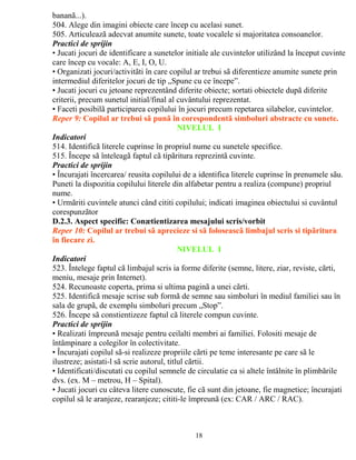bananã...). 
504. Alege din imagini obiecte care încep cu acelasi sunet. 
505. Articuleazã adecvat anumite sunete, toate vocalele si majoritatea consoanelor. 
Practici de sprijin 
• Jucati jocuri de identificare a sunetelor initiale ale cuvintelor utilizând la început cuvinte 
care încep cu vocale: A, E, I, O, U. 
• Organizati jocuri/activitãti în care copilul ar trebui sã diferentieze anumite sunete prin 
intermediul diferitelor jocuri de tip „Spune cu ce începe”. 
• Jucati jocuri cu jetoane reprezentând diferite obiecte; sortati obiectele dupã diferite 
criterii, precum sunetul initial/final al cuvântului reprezentat. 
• Faceti posibilã participarea copilului în jocuri precum repetarea silabelor, cuvintelor. 
Reper 9: Copilul ar trebui sã punã în corespondentã simboluri abstracte cu sunete. 
NIVELUL I 
Indicatori 
514. Identificã literele cuprinse în propriul nume cu sunetele specifice. 
515. Începe sã înteleagã faptul cã tipãritura reprezintã cuvinte. 
Practici de sprijin 
• Încurajati încercarea/ reusita copilului de a identifica literele cuprinse în prenumele sãu. 
Puneti la dispozitia copilului literele din alfabetar pentru a realiza (compune) propriul 
nume. 
• Urmãriti cuvintele atunci când cititi copilului; indicati imaginea obiectului si cuvântul 
corespunzãtor 
D.2.3. Aspect specific: Conætientizarea mesajului scris/vorbit 
Reper 10: Copilul ar trebui sã aprecieze si sã foloseascã limbajul scris si tipãritura 
în fiecare zi. 
NIVELUL I 
Indicatori 
523. Întelege faptul cã limbajul scris ia forme diferite (semne, litere, ziar, reviste, cãrti, 
meniu, mesaje prin Internet). 
524. Recunoaste coperta, prima si ultima paginã a unei cãrti. 
525. Identificã mesaje scrise sub formã de semne sau simboluri în mediul familiei sau în 
sala de grupã, de exemplu simboluri precum „Stop”. 
526. Începe sã constientizeze faptul cã literele compun cuvinte. 
Practici de sprijin 
• Realizati împreunã mesaje pentru ceilalti membri ai familiei. Folositi mesaje de 
întâmpinare a colegilor în colectivitate. 
• Încurajati copilul sã-si realizeze propriile cãrti pe teme interesante pe care sã le 
ilustreze; asistati-l sã scrie autorul, titlul cãrtii. 
• Identificati/discutati cu copilul semnele de circulatie ca si altele întâlnite în plimbãrile 
dvs. (ex. M – metrou, H – Spital). 
• Jucati jocuri cu câteva litere cunoscute, fie cã sunt din jetoane, fie magnetice; încurajati 
copilul sã le aranjeze, rearanjeze; cititi-le împreunã (ex: CAR / ARC / RAC). 
18 
 