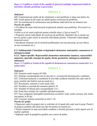 Reper 4: Copilul ar trebui sã fie capabil sã gãseascã multiple rãspunsuri/solutii la 
întrebãri, situatii, probleme si provocãri. 
NIVELUL I 
Indicatori 
608. Exploreazã mai multe cãi de solutionare a unei probleme si alege una dintre ele. 
609. Cautã sprijin la alti copii sau adulti pentru rezolvarea de probleme. 
610. Se reorienteazã în solutionarea unei probleme când intervine un element nou. 
Practici de sprijin 
• Fiti alãturi de copil când încearcã sã gãseascã solutiile unei probleme. Provocati-l cu 
întrebãri. 
Vorbiti cu el æi cereti explicatii pentru solutiile alese („Cum ai reusit?”). 
• Propuneti sarcini individuale de rezolvare de probleme. Întrebati-l de ce anume are 
nevoie pentru a gãsi solutii la sarcinile individuale primite. Valorizati-l când adoptã 
demersul corect. 
• Introduceti elemente noi în situatiile problematice (un nou personaj, un nou obiect, 
un nou eveniment etc.) 
61-84 
E.2. Subdomeniul: Cunostinte si deprinderi elementare matematice, cunoasterea si 
întelegerea lumii 
E.2.1. Aspect specific: Reprezentãri elementare matematice (numere, reprezentãri 
numerice, operaåii, concepte de spatiu, forme geometrice, întelegerea modelelor, 
mãsurare) 
Reper 5: Copilul ar trebui sã fie capabil sã demonstreze cunoasterea numerelor si a 
numeratiei. 
NIVELUL I 
Indicatori 
620. Numeste unele numere (0-100). 
621. Întelege corespondenåa unu la unu (de ex. cã numerele desemneazã o cantitate). 
622. Utilizeazã numerele si numãratul în activitãti cotidiene (numãrã câti copii sunt în 
grup, numãrã câte farfurii sunt pe masã etc.). 
623. Recunoaste, numeste si scrie unele cifre. 
624. Numãrã cu usurintã din memorie pânã la 10. 
625. Numãrã 10 obiecte prin corespondentã 1 la 1. 
626. Poate face estimãri ale cantitãtii utilizând numerele. 
627. Face comparatii întelegând semnificatia cuvintelor: toate, unele, niciuna, mai multe, 
mai putine, la fel de... 
628. Cunoaste ordinea numerelor în sirul 1-10. 
Practici de sprijin 
• Organizati copiii în grupuri mici si solicitati sã vã spunã câti copii sunt în grup. Puneti-i 
sã grupeze jucãriile câte douã sau câte trei pentru un anumit joc. 
• Numiti numerele în toate activitãtile cotidiene si facetile prezente si prin suport scris în 
mediul copilului. 
• Implicati copiii în pregãtirea gustãrii sau a mesei de prânz. 
22 
 