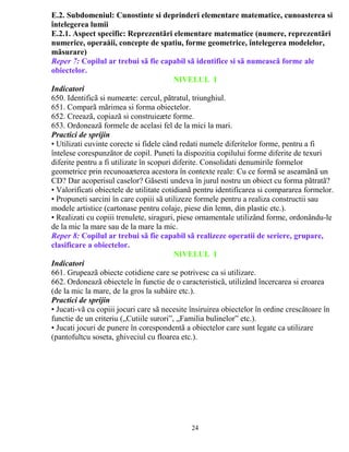 E.2. Subdomeniul: Cunostinte si deprinderi elementare matematice, cunoasterea si 
întelegerea lumii 
E.2.1. Aspect specific: Reprezentãri elementare matematice (numere, reprezentãri 
numerice, operaåii, concepte de spatiu, forme geometrice, întelegerea modelelor, 
mãsurare) 
Reper 7: Copilul ar trebui sã fie capabil sã identifice si sã numeascã forme ale 
obiectelor. 
NIVELUL I 
Indicatori 
650. Identificã si numeæte: cercul, pãtratul, triunghiul. 
651. Comparã mãrimea si forma obiectelor. 
652. Creeazã, copiazã si construieæte forme. 
653. Ordoneazã formele de acelasi fel de la mici la mari. 
Practici de sprijin 
• Utilizati cuvinte corecte si fidele când redati numele diferitelor forme, pentru a fi 
întelese corespunzãtor de copil. Puneti la dispozitia copilului forme diferite de texuri 
diferite pentru a fi utilizate în scopuri diferite. Consolidati denumirile formelor 
geometrice prin recunoaæterea acestora în contexte reale: Cu ce formã se aseamãnã un 
CD? Dar acoperisul caselor? Gãsesti undeva în jurul nostru un obiect cu forma pãtratã? 
• Valorificati obiectele de utilitate cotidianã pentru identificarea si compararea formelor. 
• Propuneti sarcini în care copiii sã utilizeze formele pentru a realiza constructii sau 
modele artistice (cartonase pentru colaje, piese din lemn, din plastic etc.). 
• Realizati cu copiii trenulete, siraguri, piese ornamentale utilizând forme, ordonându-le 
de la mic la mare sau de la mare la mic. 
Reper 8: Copilul ar trebui sã fie capabil sã realizeze operatii de seriere, grupare, 
clasificare a obiectelor. 
NIVELUL I 
Indicatori 
661. Grupeazã obiecte cotidiene care se potrivesc ca si utilizare. 
662. Ordoneazã obiectele în functie de o caracteristicã, utilizând încercarea si eroarea 
(de la mic la mare, de la gros la subåire etc.). 
Practici de sprijin 
• Jucati-vã cu copiii jocuri care sã necesite însiruirea obiectelor în ordine crescãtoare în 
functie de un criteriu („Cutiile surori”, „Familia bulinelor” etc.). 
• Jucati jocuri de punere în corespondentã a obiectelor care sunt legate ca utilizare 
(pantofultcu soseta, ghiveciul cu floarea etc.). 
61-84 
24 
 