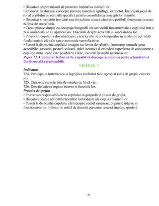 • Discutati despre mãsuri de protectie împotriva incendiilor. 
Introduceti în discutie concepte precum materiale ignifuge, extinctor. Încurajati jocul de 
rol al copilului cu recuzitã specificã pentru consolidarea conceptelor însusite. 
• Discutasi si urmãriti (pe cãrti sau în realitate atunci când este posibil) fenomene precum 
eclipse de soare/lunã. 
• Creati planse simple cu decupaje/fotografii ale activitãtii fundamentale a copilului într-o 
zi si asamblati- le cu ajutorul sãu. Discutati despre activitãti si succesiunea lor. 
• Provocati copilul la discutii despre caracteristicile anotimpurilor în relatie cu activitãti 
fundamentale ale sale sau evenimente semnificative. 
• Puneti la dispozitia copilului imagini cu forme de relief si fenomene naturale greu 
accesibile (cascade, pesteri, vulcani, mãri, oceane) si extindeti experienta de cunoastere a 
copiilor atunci când este posibil cu vizite, excursii în medii necunoscute61 
Reper 13: Copilul ar trebui sã fie capabil sã descopere omul ca parte a lumii vii si 
fiintã socialã responsabilã. 
NIVELUL I 
Indicatori 
724. Participã la întretinerea si îngrijirea mediului fizic apropiat (sala de grupã, camera 
sa). 
725. Cunoaste caracteristicile omului ca fiintã vie. 
726. Descrie câteva organe interne si functiile lor. 
Practici de sprijin 
• Promovati responsabilizarea copilului în gospodãrie si sala de grupã. 
• Discutati despre abilitãtile/talentele individuale ale copiilor/oamenilor. 
• Puneti la dispozitia copilului cãrti despre corpul omenesc, organele interne si 
functionarea lor. Folositi în astfel de discutii persoane resursã (medic, sportiv). 
61 
27 
