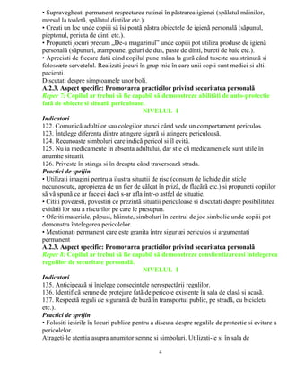• Supravegheati permanent respectarea rutinei în pãstrarea igienei (spãlatul mâinilor, 
mersul la toaletã, spãlatul dintilor etc.). 
• Creati un loc unde copiii sã îsi poatã pãstra obiectele de igienã personalã (sãpunul, 
pieptenul, periuta de dinti etc.). 
• Propuneti jocuri precum „De-a magazinul” unde copiii pot utiliza produse de igienã 
personalã (sãpunuri, æampoane, geluri de dus, paste de dinti, bureti de baie etc.). 
• Apreciati de fiecare datã când copilul pune mâna la gurã când tuseste sau strãnutã si 
foloseæte servetelul. Realizati jocuri în grup mic în care unii copii sunt medici si altii 
pacienti. 
Discutati despre simptoamele unor boli. 
A.2.3. Aspect specific: Promovarea practicilor privind securitatea personalã 
Reper 7: Copilul ar trebui sã fie capabil sã demonstreze abilitãti de auto-protectie 
fatã de obiecte si situatii periculoase. 
NIVELUL I 
Indicatori 
122. Comunicã adultilor sau colegilor atunci când vede un comportament periculos. 
123. Întelege diferenta dintre atingere sigurã si atingere periculoasã. 
124. Recunoaste simboluri care indicã pericol si îl evitã. 
125. Nu ia medicamente în absenta adultului, dar stie cã medicamentele sunt utile în 
anumite situatii. 
126. Priveste în stânga si în dreapta când traverseazã strada. 
Practici de sprijin 
• Utilizati imagini pentru a ilustra situatii de risc (consum de lichide din sticle 
necunoscute, apropierea de un fier de cãlcat în prizã, de flacãrã etc.) si propuneti copiilor 
sã vã spunã ce ar face ei dacã s-ar afla într-o astfel de situatie. 
• Cititi poveæsti, povestiri ce prezintã situatii periculoase si discutati despre posibilitatea 
evitãrii lor sau a riscurilor pe care le presupun. 
• Oferiti materiale, pãpusi, hãinute, simboluri în centrul de joc simbolic unde copiii pot 
demonstra întelegerea pericolelor. 
• Mentionati permanent care este granita între sigur æi periculos si argumentati 
permanent 
A.2.3. Aspect specific: Promovarea practicilor privind securitatea personalã 
Reper 8: Copilul ar trebui sã fie capabil sã demonstreze constientizareasi întelegerea 
regulilor de securitate personalã. 
NIVELUL I 
Indicatori 
135. Anticipeazã si întelege consecintele nerespectãrii regulilor. 
136. Identificã semne de protejare fatã de pericole existente în sala de clasã si acasã. 
137. Respectã reguli de sigurantã de bazã în transportul public, pe stradã, cu bicicleta 
etc.). 
Practici de sprijin 
• Folositi iesirile în locuri publice pentru a discuta despre regulile de protectie si evitare a 
pericolelor. 
Atrageti-le atentia asupra anumitor semne si simboluri. Utilizati-le si în sala de 
4 
 