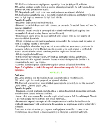 235. Utilizeazã diverse strategii pentru a participa la un joc (târguialã, schimb). 
236. Aplicã strategii simple pentru a rezolva adecvat problemele, fie individuale, fie de 
grup (de ex. cere ajutorul unui adult). 
237. Negociazã cu alti copii rezolvarea unei probleme, cu ajutorul adultului. 
238. Expliciteazã drepturile sale si motivele celorlalti în negocierea conflictelor (Îti dau 
pasta de lipit dupã ce termin eu de lipit douã hârtii). 
Practici de sprijin 
• Prezentati copiilor mai multe alternative. 
• Discutati cu copilul despre activitãti comune, de exemplu: Ce vrei sã facem azi? sau Ce 
mâncare pregãtim? 
• Construiti situatii sociale în care copiii sã se simtã confortabil (unii copii se simt 
incomodati de situatii sociale în care sunt multi copii). 
• Invitati acasã sau la un loc de joacã cel mult unul sau doi copii cu care copilul sã 
exerseze abilitãtile sociale. 
• Oferiti copilului sugestii pentru rezolvarea problemelor, de exemplu dacã ne jucãm pe 
rând, o sã ajungã fiecare la calculator. 
• Cereti copilului sã rezolve singur sarcini în care stiti cã va avea succes, pentru a-i da 
încredere în fortele proprii. Dacã el nu este pregãtit, se va simti speriat si coplesit de 
aceastã situatie si existã riscul sã refuze pe viitor implicarea în activitate. 
• Oferiti-i sprijinul când îl cere. 
• Cititi copiilor povesti si povestiri, inventati cu conflictele în mod constructiv. 
• Documentati-vã în legãturã cu modul în care se rezolvã disputele în familia si în 
comunitatea din care vine copilul. 
• Acordati atentie si sprijin suplimentar copiilor care au dificultãti de vorbire. 
Reper 7: Copilul ar trebui sã fie capabil sã manifeste empatie fatã de celelalte 
persoane. 
NIVELUL I 
Indicatori 
250. Aratã empatie fatã de suferinta fizicã sau emotionalã a celorlalti copii. 
251. Alinã copiii de vârstã apropiatã, cu ajutorul adultilor. 
252. Exprimã sentimente æi emotii fatã de personaje din povesti („tin cu fata mosului”, 
„biata caprã”, „sãracul cocos”, etc.). 
Practici de sprijin 
• Încurajati copiii sã înteleagã emotiile, ideile si actiunile celorlalti prin citirea unor cãrti, 
urmãrirea unor desene animate sau filme. 
• Atunci când apare un conflict între doi copii, arãtati empatie fatã de ambii copii. Numiti 
si discutati despre emotii si trãiri: Esti trist/ã pentru cã… 
• Demonstrati expresivitatea pozitivã în comportamentul cotidian în familie sau la 
grãdinitã; aceasta dezvoltã sentimentele de securitate ale copiilor, de control si încredere 
în mediu. 
Asemenea sentimente reduc preocuparea sau îngrijorarea copiilor, ceea ce creste 
probabilitatea ca acestia sã ia în considerare si sã rãspundã la emotiile celorlalti. 
9 
 