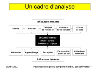 Un cadre d’analyse

                              Influences externes

                                    Groupes         Culture et         Classe
    Famille       Situation
                                  de référence    sous-cultures        sociale



                                Le consommateur
                                 choisir, acheter,
                               consommer, disposer


                                                     Personnalité,   Attitudes et
   Motivation   Apprentissage      Perception
                                                     styles de vie    émotions

                              Influences internes


BSMR-2007               Psychosociologie du comportement du consommateur -
 