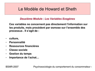 Le Modèle de Howard et Sheth

            Deuxième Module : Les Variables Exogènes

    Ces variables ne concernent pas directement l’information sur
    les produits, mais procèdent par osmose sur l’ensemble des
    processus . Il s’agit de :

-   culture,
-   Personnalité
-   Ressources financières
-   Classe sociale
-   Gestion du temps
-   Importance de l’achat…


BSMR-2007             Psychosociologie du comportement du consommateur -
 