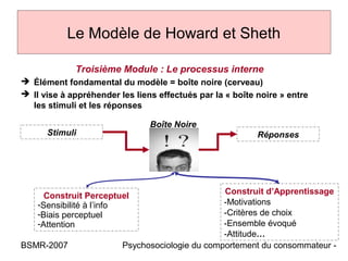 Le Modèle de Howard et Sheth

             Troisième Module : Le processus interne
 Élément fondamental du modèle = boîte noire (cerveau)
 Il vise à appréhender les liens effectués par la « boîte noire » entre
  les stimuli et les réponses

                                Boîte Noire
      Stimuli                                              Réponses




                                                 Construit d’Apprentissage
      Construit Perceptuel
    -Sensibilité à l’info                        -Motivations
    -Biais perceptuel                            -Critères de choix
    -Attention                                   -Ensemble évoqué
                                                 -Attitude…
BSMR-2007                Psychosociologie du comportement du consommateur -
 