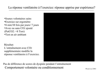 La réponse ventilatoire à l’exercice: réponse apprise par expérience? Jeunes volontaires sains Exercice sur ergomètre 4 min/10 fois par jours/ 7 jours Avec ou sans CO 2  ajouté (PetCO2: +8 Torr) Test en air ambiant Résultat: L’entraînement avec CO 2  supplémentaire modifie la réponse ventilatoire à l’exercice. Wood et al 2003 Pas de différence de scores de dyspnée pendant l’entraînement Comportement volontaire ou conditionnement 