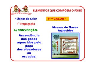 ELEMENTOS QUE COMPÕEM O FOGO

• Efeitos do Calor    1º “ CALOR ”
    Propagação
                         Massas de Gases
b) CONVECÇÃO:               Aquecidos
  Ascendência
   dos gases
 aquecidos pelo
      poço
 dos elevadores
       ou
    escadas.
 