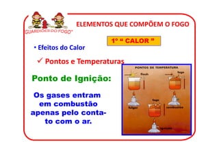 ELEMENTOS QUE COMPÕEM O FOGO

                      1º “ CALOR ”
• Efeitos do Calor
   Pontos e Temperaturas

Ponto de Ignição:
 Os gases entram
  em combustão
apenas pelo conta-
   to com o ar.
 