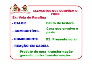 ELEMENTOS QUE COMPÕEM O
                     FOGO
Ex: Vela de Parafina
- CALOR                Palito de fósforo
                       Cera que envolve o
- COMBUSTÍVEL          pavio

- COMBURENTE       O2 Presente no ar

- REAÇÃO EM CADEIA
    Produto de uma transformação
    gerando outra transformação.
 