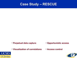 Case Study – RESCUE
• Perpetual data capture
• Visualization of correlations
• Opportunistic access
• Access control
 