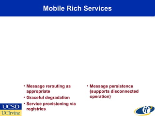 Mobile Rich Services
• Message rerouting as
appropriate
• Graceful degradation
• Service provisioning via
registries
• Message persistence
(supports disconnected
operation)
 