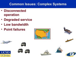Common Issues: Complex Systems
• Disconnected
operation
• Degraded service
• Low bandwidth
• Point failures
 