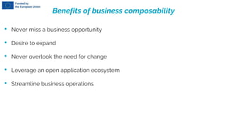 Benefits of business composability
• Never miss a business opportunity
• Desire to expand
• Never overlook the need for change
• Leverage an open application ecosystem
• Streamline business operations
 