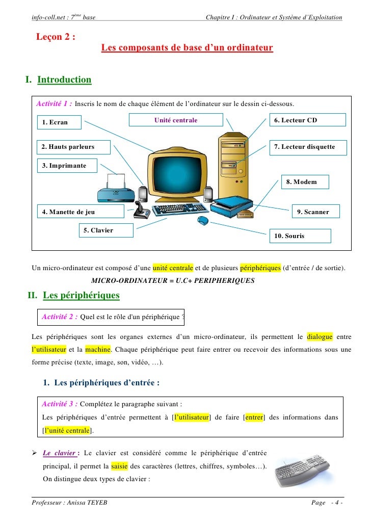évaluation Technologie 6ème Le Poste Informatique