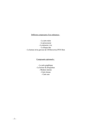 Différents composants d’un ordinateur :
- La carte mère
- Le processeur
- La mémoire vive
- Le disque dur
- Le lecteur et/ou graveur de CD-Rom et/ou DVD- Rom
Composants optionnels :
- La carte graphique
- Le lecteur de disquettes
- Modem interne
- Carte réseau
- Carte son
- 3 -
 