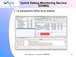 www.objis.com – Formation ANDROID
Dalvik Debug Monitoring Service
(DDMS)
30
 Le perspective ddms sous eclipse.
 