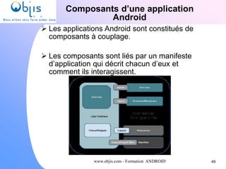 www.objis.com - Formation ANDROID
Composants d’une application
Android
49
 Les applications Android sont constitués de
composants à couplage.
 Les composants sont liés par un manifeste
d’application qui décrit chacun d’eux et
comment ils interagissent.
 