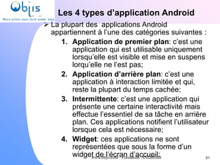 www.objis.com - Formation ANDROID
Les 4 types d’application Android
51
 La plupart des applications Android
appartiennent à l’une des catégories suivantes :
1. Application de premier plan: c’est une
application qui est utilisable uniquement
lorsqu’elle est visible et mise en suspens
lorqu’elle ne l’est pas;
2. Application d’arrière plan: c’est une
application à interaction limitée et qui,
reste la plupart du temps cachée;
3. Intermittente: c’est une application qui
présente une certaine interactivité mais
effectue l’essentiel de sa tâche en arrière
plan. Ces applications notifient l’utilisateur
lorsque cela est nécessaire;
4. Widget: ces applications ne sont
représentées que sous la forme d’un
widget de l’écran d’accueil;
 
