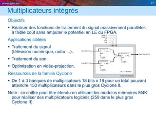 www.geii.eu 17
Multiplicateurs intégrés
Objectifs
 Réaliser des fonctions de traitement du signal massivement parallèles
à faible coût sans amputer le potentiel en LE du FPGA.
Applications ciblées
 Traitement du signal
(télévision numérique, radar ...).
 Traitement du son.
 Optimisation en vidéo-projection.
Ressources de la famille Cyclone
 De 1 à 3 banques de multiplicateurs 18 bits x 18 pour un total pouvant
atteindre 150 multiplicateurs dans le plus gros Cyclone II.
Note : ce chiffre peut être étendu en utilisant les modules mémoires M4K
pour réaliser des multiplicateurs logiciels (250 dans le plus gros
Cyclone II).
17
 
