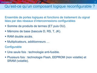 www.geii.eu 4
Qu’est-ce qu’un composant logique reconfigurable ?
Ensemble de portes logiques et fonctions de traitement du signal
liées par des réseaux d’interconnexions configurables
 Somme de produits de termes (ET puis OU).
 Mémoire de base (bascule D, RS, T, JK).
 RAM double accès.
 Multiplicateurs, additionneurs …
Configurable
 Une seule fois : technologie anti-fusible.
 Plusieurs fois : technologie Flash, EEPROM (non volatile) et
SRAM (volatile).
4
 