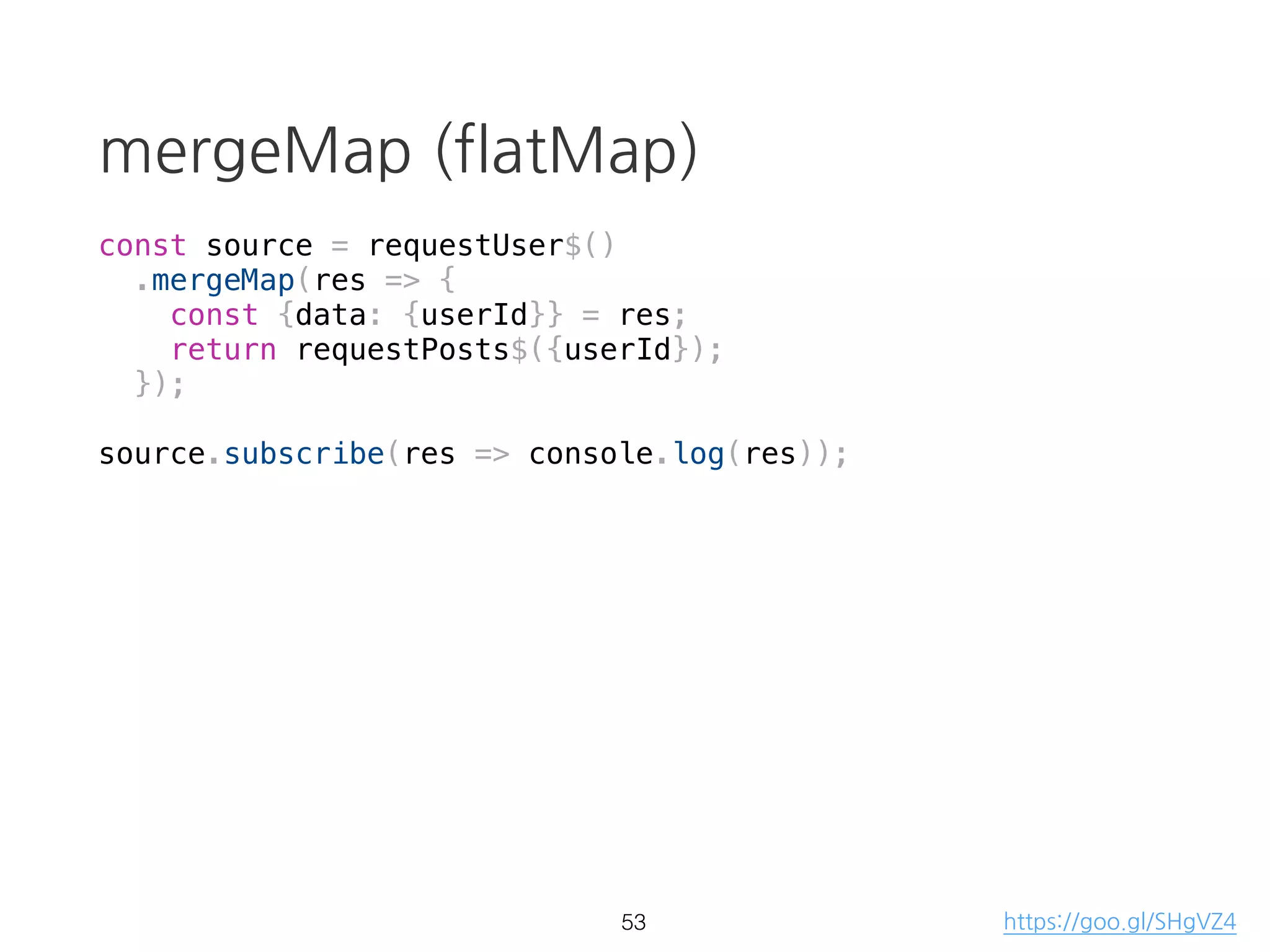 Array function vs RxJS
const source = [1,2,3,4,5];
const result = source
.filter(d => d % 2 === 0)
.map(d => d + '!')
.reduce((p, d) => p + d)
console.log(result);
> "2!4!"
36
 