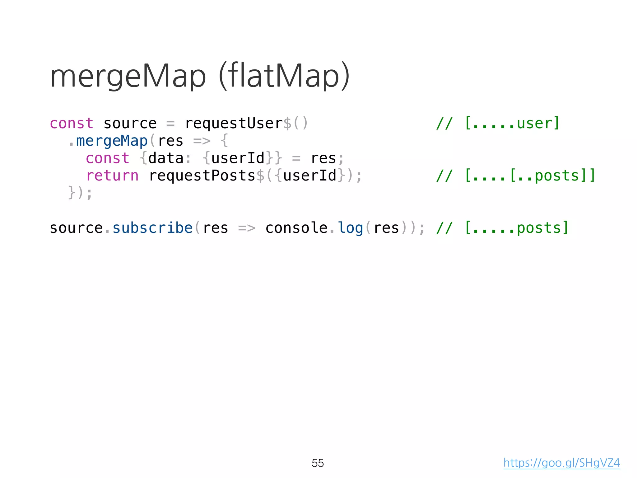 Array function vs RxJS
const source = Rx.Observable.from[1,2,3,4,5];
source
.filter(d => d % 2 === 0)
.map(d => d + '!')
.reduce((p, d) => p + d)
.subscribe(result => console.log(result));
> "2!4!"
38
 