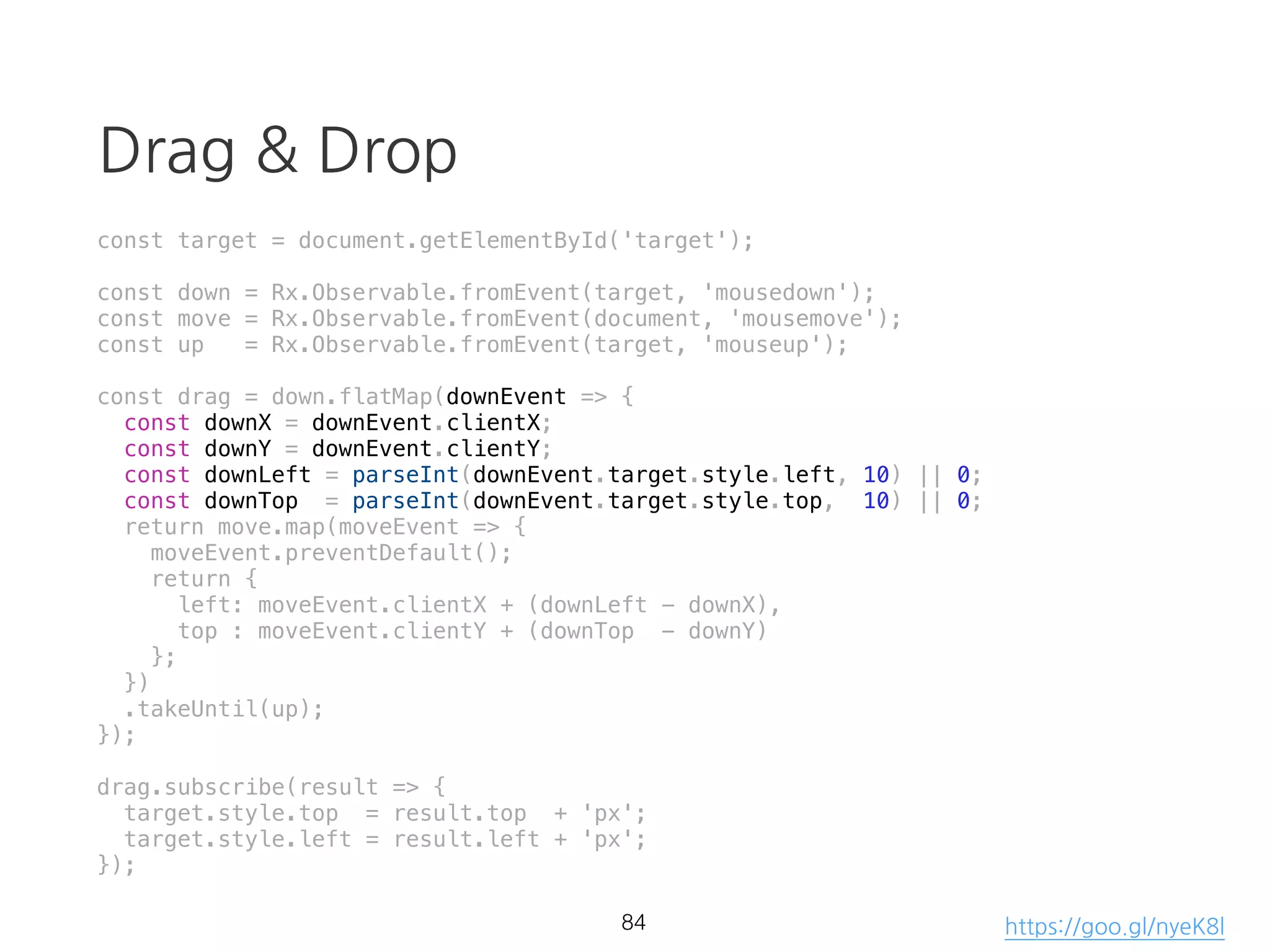mergeMap (flatMap)
const source = requestUser$()
.mergeMap(res => {
const {data: {userId}} = res;
return axios.get(`${URL}/posts`, {params: {id: userId}});
});
source.subscribe(res => console.log(res.data));
54 https://goo.gl/FKaQLr
 