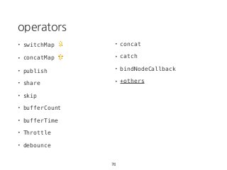 operators
• switchMap 🌟
• concatMap 🌟
• publish
• share
• skip
• bufferCount
• bufferTime
• Throttle
• debounce
76
• concat
• catch
• bindNodeCallback
• +others
 