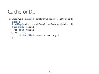 Cache or Db
Rx.Observable.merge(getFromCache$(), getFromDB$())
.take(1)
.flatMap(data => getFromOtherServer$(data.id))
.subscribe(result => {
res.json(result)
}, err => {
res.status(500).send(err.message)
});
86
 