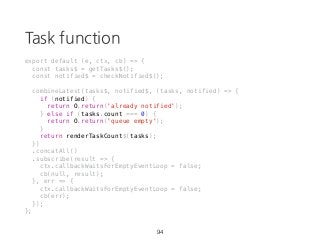 Task function
export default (e, ctx, cb) => {
const tasks$ = getTasks$();
const notified$ = checkNotified$();
combineLatest(tasks$, notified$, (tasks, notified) => {
if (notified) {
return O.return('already notified');
} else if (tasks.count === 0) {
return O.return('queue empty');
}
return renderTaskCount$(tasks);
})
.concatAll()
.subscribe(result => {
ctx.callbackWaitsForEmptyEventLoop = false;
cb(null, result);
}, err => {
ctx.callbackWaitsForEmptyEventLoop = false;
cb(err);
});
};
94
 