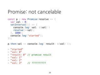 Observable vs Promise
Promise Observable
single value multiple value
not lazy lazy
not cancelable cancelable
no completion callback completion callback
20
 