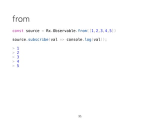 const source = Rx.Observable.create(observer => {
setTimeout(() => {
observer.next('run');
}, 1000);
console.log('started');
});
Observable: lazy
26
 