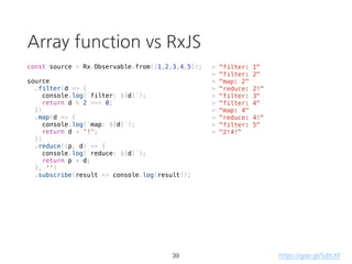 const source = Rx.Observable.create(observer => {
setTimeout(() => {
observer.next('run');
}, 1000);
console.log('started');
});
source.subscribe(val => console.log(val));
Observable: lazy
27
> "started"
> "run"
https://goo.gl/qh24FK
 
