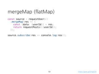 Array function vs RxJS
const source = [1,2,3,4,5];
const result = source
.filter(d => d % 2 === 0)
.map(d => d + '!')
.reduce((p, d) => p + d)
console.log(result);
> "2!4!"
36
 