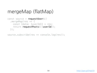 Array function vs RxJS
const source =[1,2,3,4,5];
const result = source
.filter((d, i, arr) => {
console.log(`filter: ${d}`);
return d % 2 === 0;
})
.map((d, i, arr) => {
console.log(`map: ${d}`);
return d + '!';
})
.reduce((p, d, i, arr) => {
console.log(`reduce: ${d}`);
return p + d;
})
console.log(result);
> "filter: 1"
> "filter: 2"
> "filter: 3"
> "filter: 4"
> "filter: 5"
> "map: 2"
> "map: 4"
> "reduce: 2!"
> "reduce: 4!"
> "2!4!"
37 https://goo.gl/ma2vxb
 