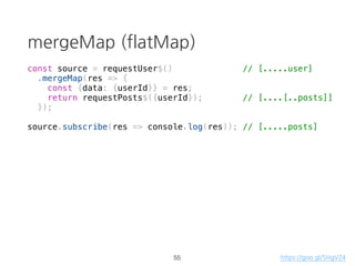 Array function vs RxJS
const source = Rx.Observable.from[1,2,3,4,5];
source
.filter(d => d % 2 === 0)
.map(d => d + '!')
.reduce((p, d) => p + d)
.subscribe(result => console.log(result));
> "2!4!"
38
 