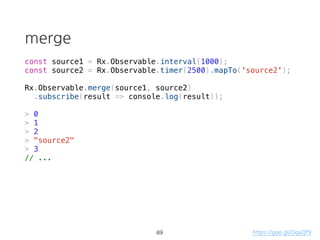 map
const source = Rx.Observable.from([1,2,3,4])
.map(d => d * 10);
source.subscribe(val => console.log(val));
> 10
> 20
> 30
> 40
48
 