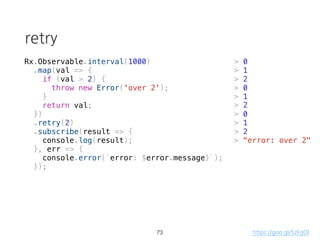 mergeMap (flatMap)
[..1..2..3].mergeMap(d => [...d])
[[...1]..[...2]..[...3]]
[....1......2......3]
50
source projection
result
 