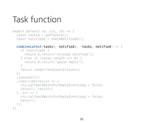 takeUntil
const source = Rx.Observable.interval(1000)
.takeUntil(Rx.Observable.timer(3500));
source.subscribe(val => {
console.log(val);
}, err => {
console.error(err);
}, () => {
console.log('completed');
});
60 https://goo.gl/ZaXJFS
 