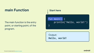 This work is licensed under the Apache 2.0 License
main Function
The main function is the entry
point, or starting point, of the
program.
Start here
fun main() {
println("Hello, world!")
}
Output:
Hello, world!
 