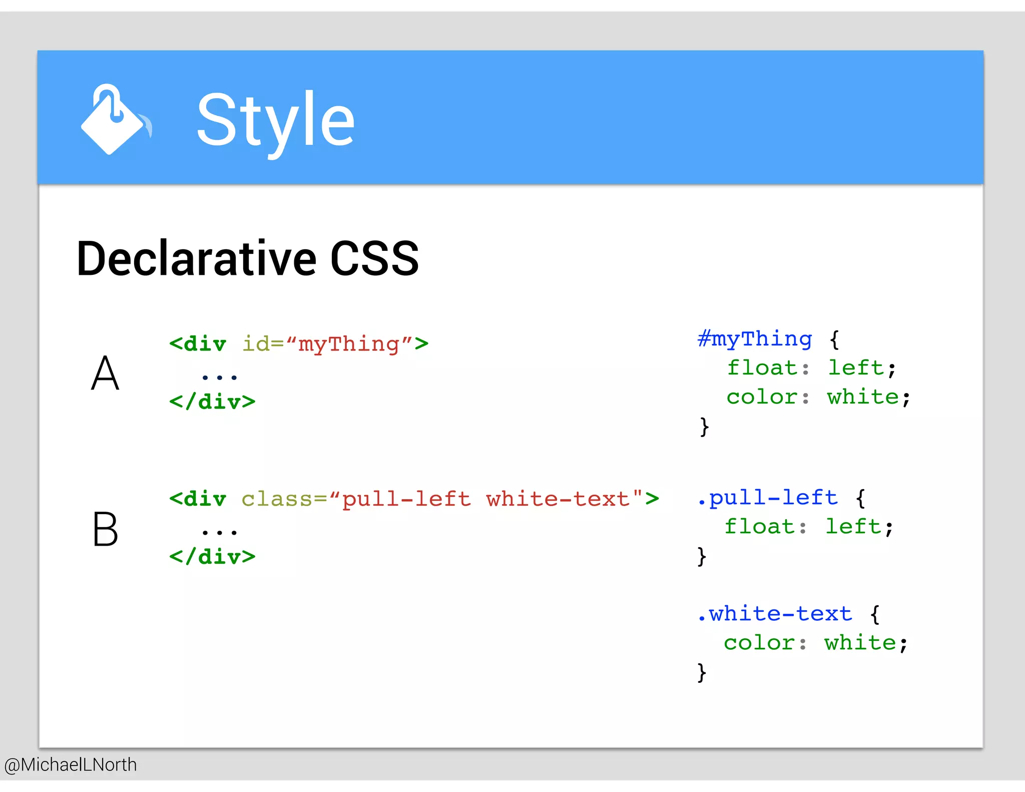 @MichaelLNorth
Great places to startStyle
Declarative CSS
A
<div id=“myThing”>
...
</div>
#myThing {
float: left;
color: white;
}
B
<div class=“pull-left white-text">
...
</div>
.pull-left {
float: left;
}
.white-text {
color: white;
}
 