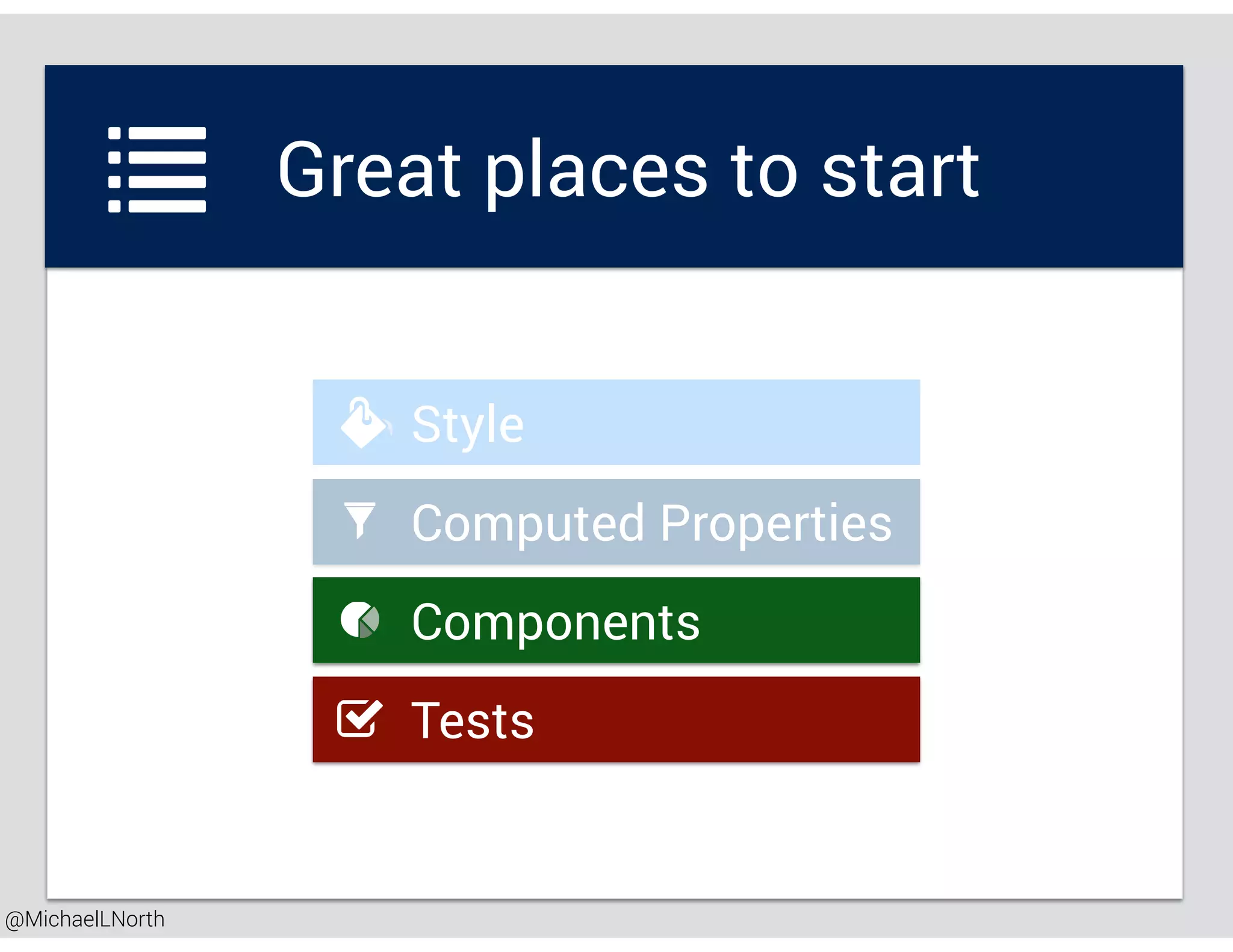 @MichaelLNorth
Great places to start
Style
Tests
Computed Properties
Components
 