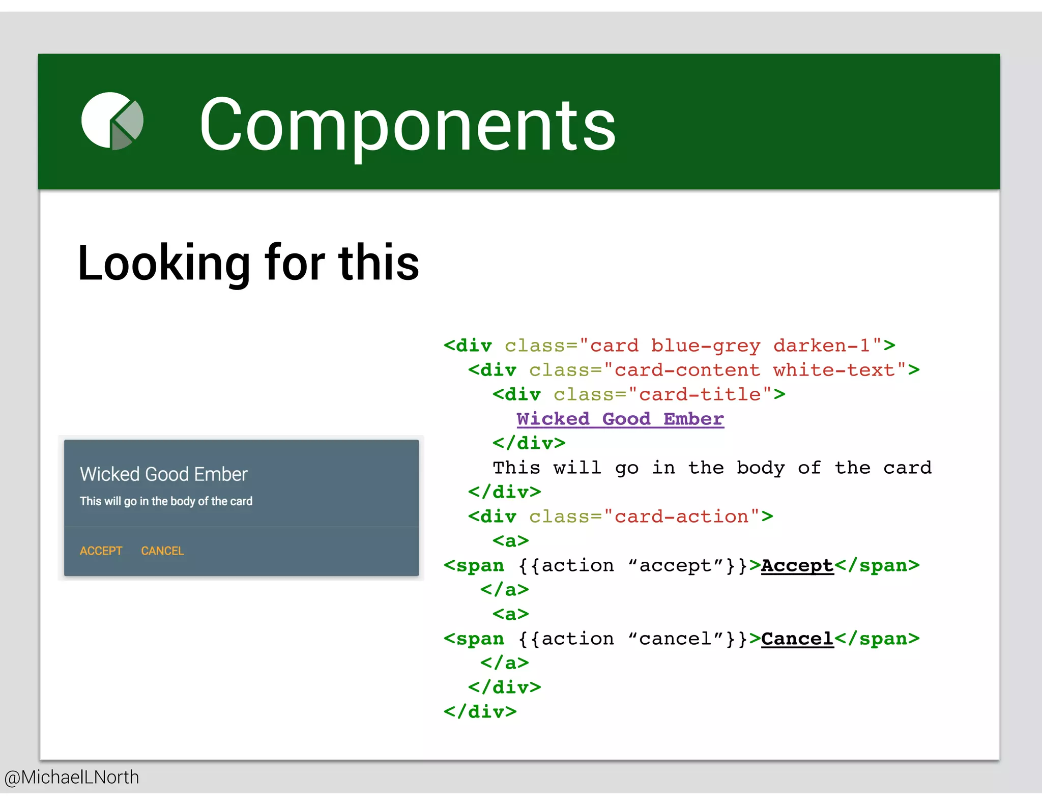@MichaelLNorth
Great places to startComponents
Looking for this
<div class="card blue-grey darken-1">
<div class="card-content white-text">
<div class="card-title">
Wicked Good Ember
</div>
This will go in the body of the card
</div>
<div class="card-action">
<a>
<span {{action “accept”}}>Accept</span>
</a>
<a>
<span {{action “cancel”}}>Cancel</span>
</a>
</div>
</div>
 