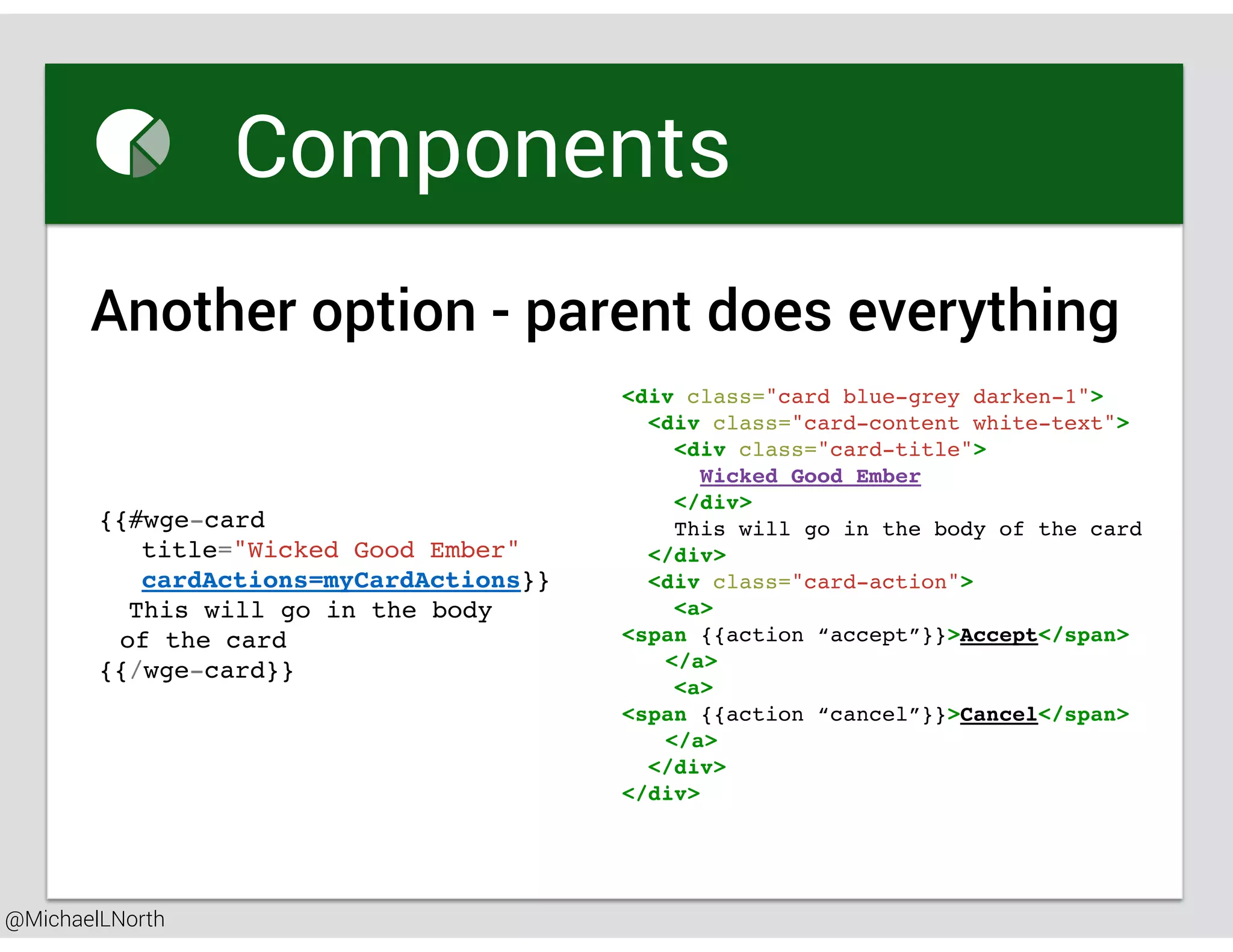 @MichaelLNorth
Great places to startComponents
Another option - parent does everything
<div class="card blue-grey darken-1">
<div class="card-content white-text">
<div class="card-title">
Wicked Good Ember
</div>
This will go in the body of the card
</div>
<div class="card-action">
<a>
<span {{action “accept”}}>Accept</span>
</a>
<a>
<span {{action “cancel”}}>Cancel</span>
</a>
</div>
</div>
{{#wge-card
title="Wicked Good Ember"
cardActions=myCardActions}}
This will go in the body
of the card
{{/wge-card}}
 