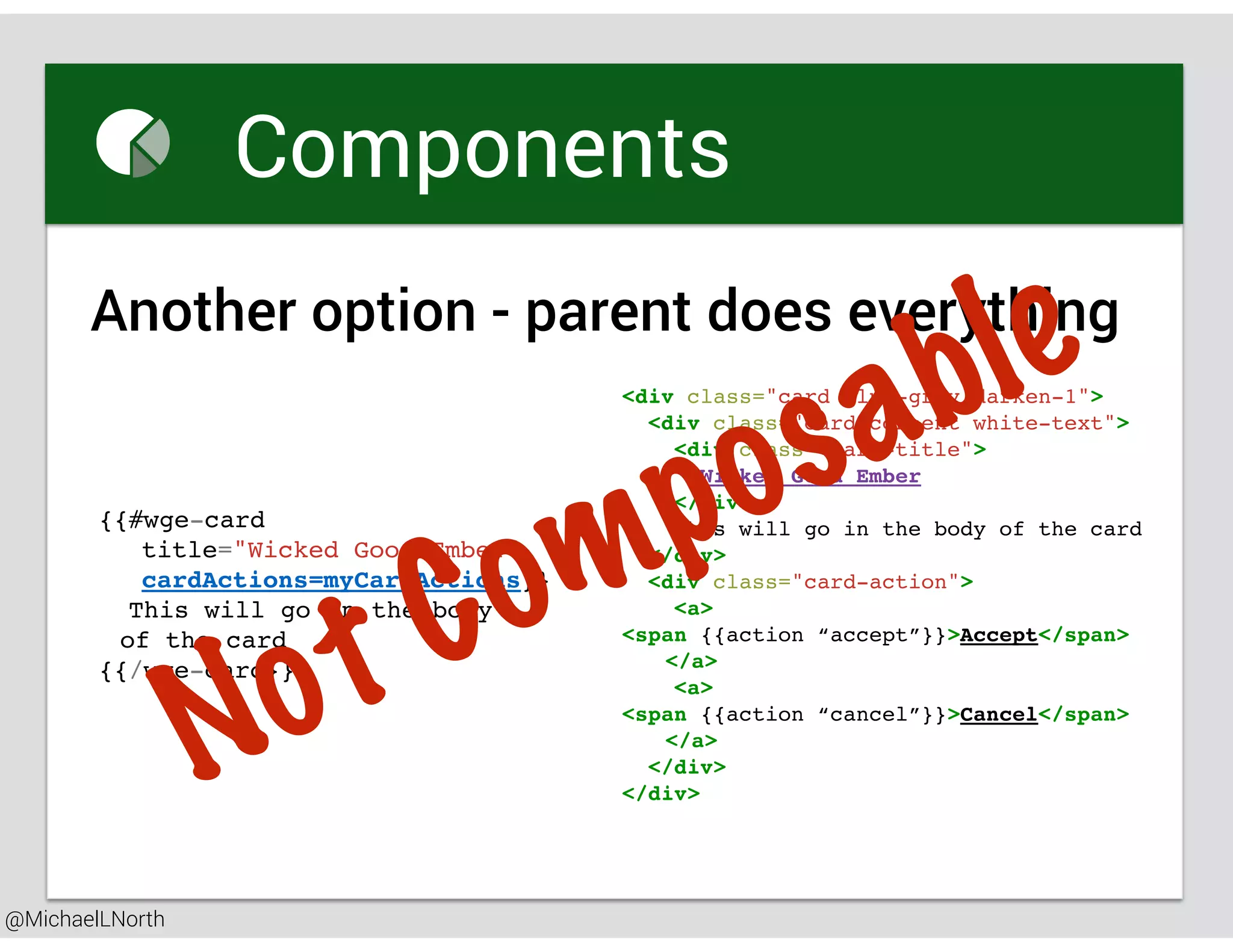 @MichaelLNorth
Great places to startComponents
Another option - parent does everything
<div class="card blue-grey darken-1">
<div class="card-content white-text">
<div class="card-title">
Wicked Good Ember
</div>
This will go in the body of the card
</div>
<div class="card-action">
<a>
<span {{action “accept”}}>Accept</span>
</a>
<a>
<span {{action “cancel”}}>Cancel</span>
</a>
</div>
</div>
{{#wge-card
title="Wicked Good Ember"
cardActions=myCardActions}}
This will go in the body
of the card
{{/wge-card}}
Not Composable
 
