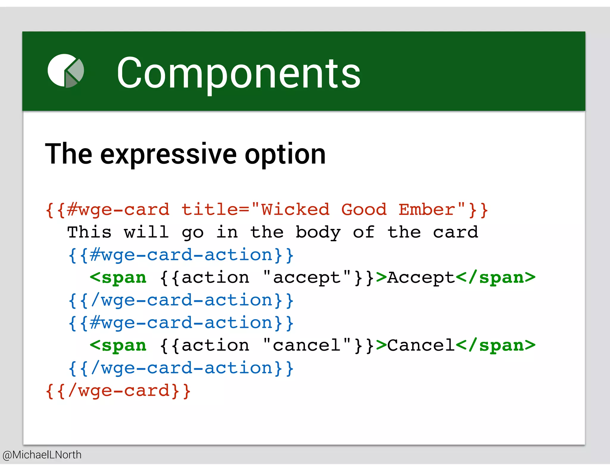 @MichaelLNorth
Great places to startComponents
The expressive option
{{#wge-card title="Wicked Good Ember"}}
This will go in the body of the card
{{#wge-card-action}}
<span {{action "accept"}}>Accept</span>
{{/wge-card-action}}
{{#wge-card-action}}
<span {{action "cancel"}}>Cancel</span>
{{/wge-card-action}}
{{/wge-card}}
 
