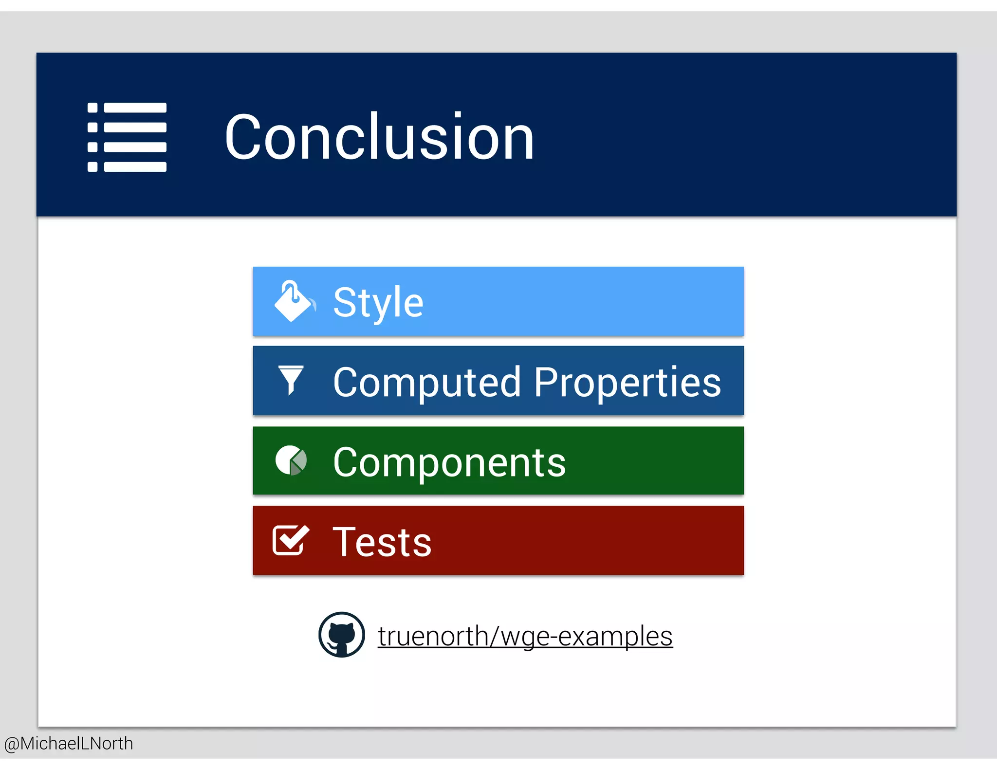 @MichaelLNorth
Conclusion
Style
Tests
Computed Properties
Components
truenorth/wge-examples
 